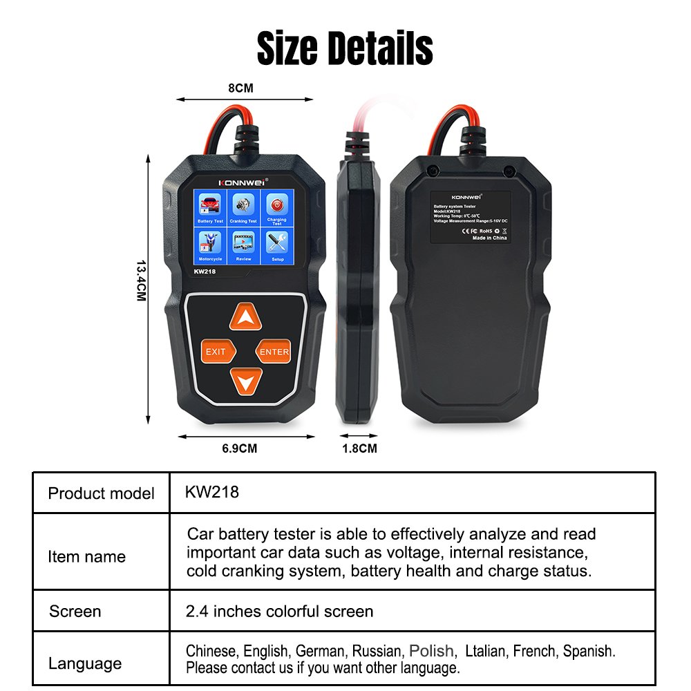 KW218 KONNWEI Car Battery Tester 6V/12V Motorcycle Battery Detector with English Russian Polish Italian - Image 6