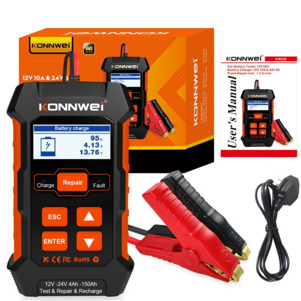 Multilingual Digital KONNWEI KW520 Car Battery Tester Plus 12V10A 24V5A Quick Battery Charger