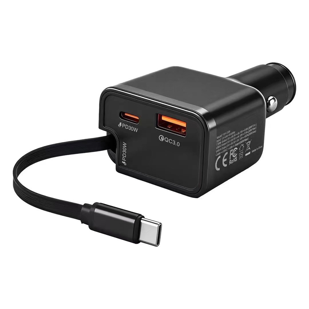 LM618 60W 1-to-2 PD Fast Car Charger Dual-Port Cigarette Lighter Adapter with Retractable Cable